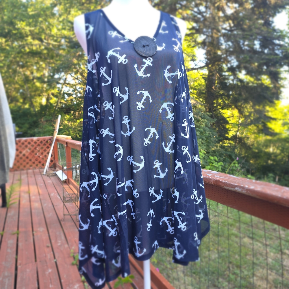 Navy Anchor Print Sleeveless Sheer Long Top